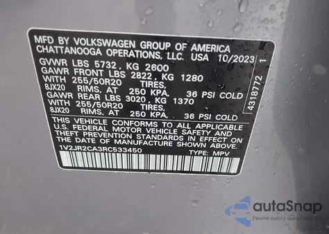 2024 Volkswagen Atlas 2.0T Se W/Technology from USA, damaged, VIN 1V2JR2CA3RC533450